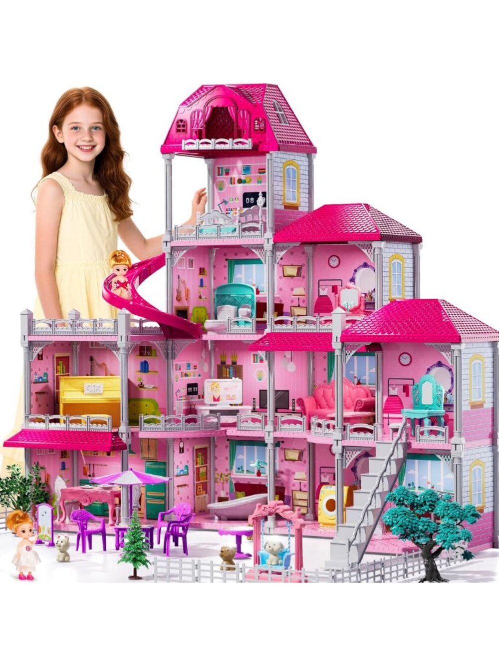 4-Story Dollhouse Playset for Girls 3-7, 11 Rooms & 2 Dolls - Fun Imaginative